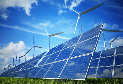 renewable energy with solar panels and windmills