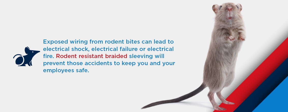 exposed wiring from rodent bites can lead to electrical shock, electrical failure, or electrical fire. rodent resistant braided sleeving will prevent those accidents to keep you and your employees safe