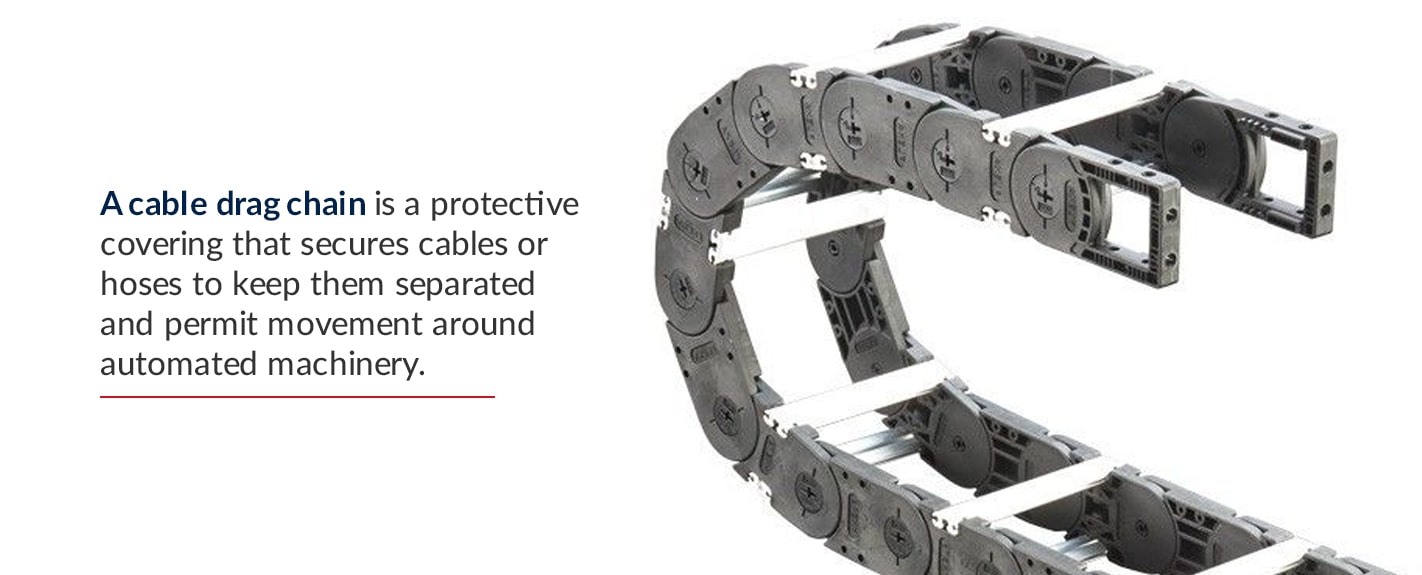 a cable drag chain is a protective covering that secures cables or hoses to keep them separated and permit movement around automated machinery